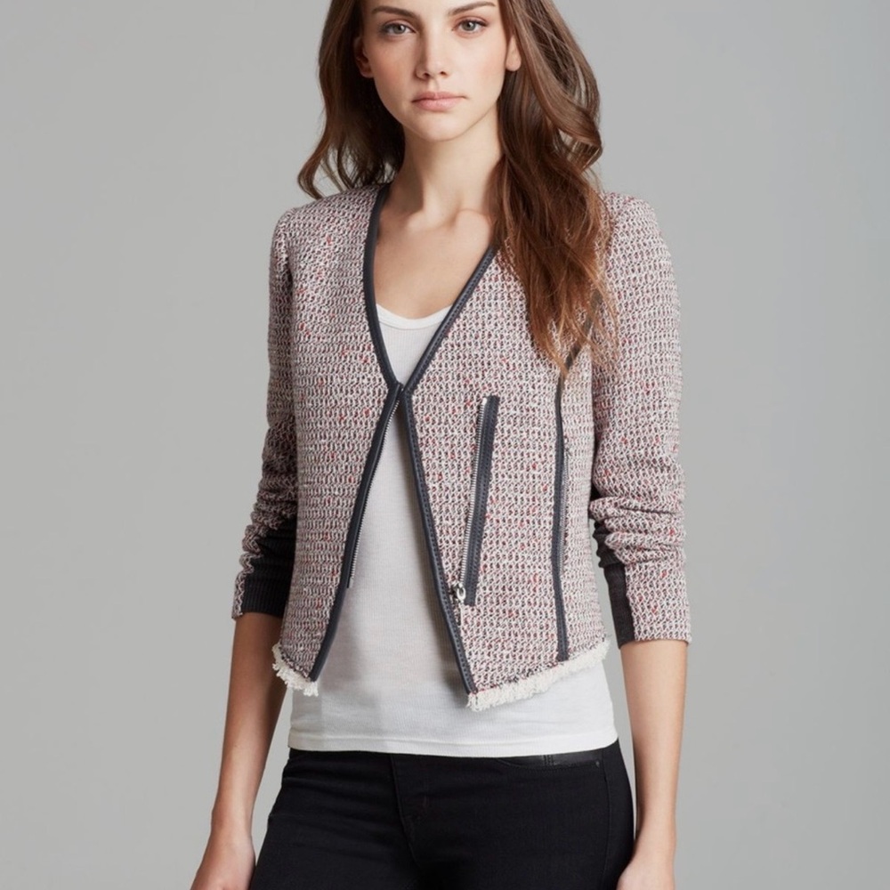 REBECCA TAYLOR Blazer Jacket Cotton Wool Lamb Leather Tweed size 2